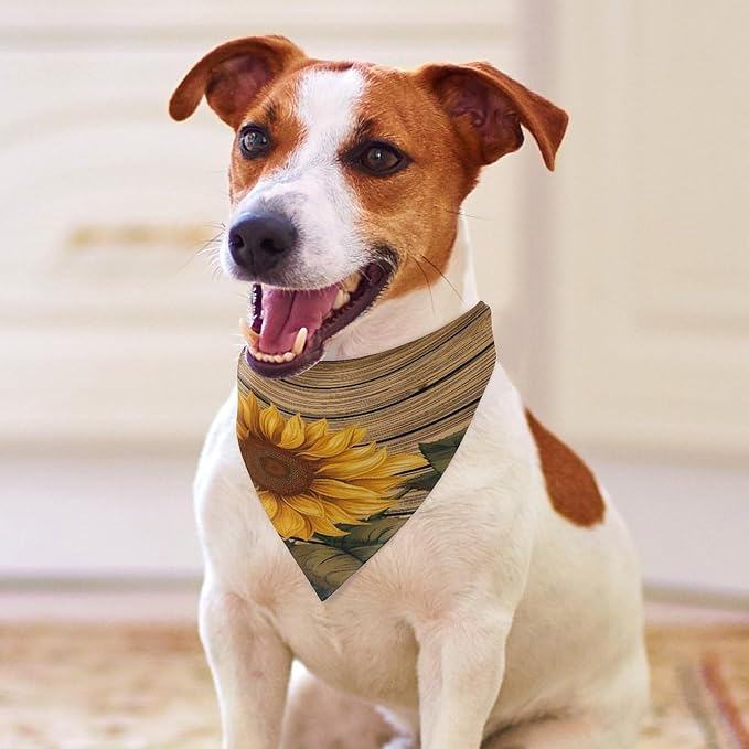 Dog Bandana Spring Pet Scarf Adjustable Triangle Paint Wooden Board Sunflower Printing Dog Bib Washable Polyester Puppy Bandana for Small Medium Large Dogs Cat Birthday Party Supplies