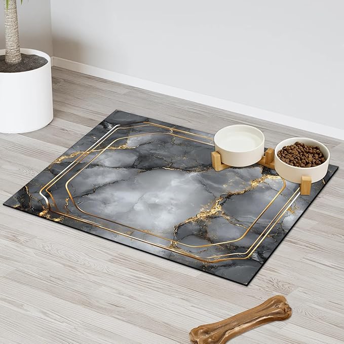Grey Marble Dog Food Mat for Floors Absorbent, Quick Dry Water Dispenser Mat for Food, Water, Pet Supplies 12" x 20", Abstract