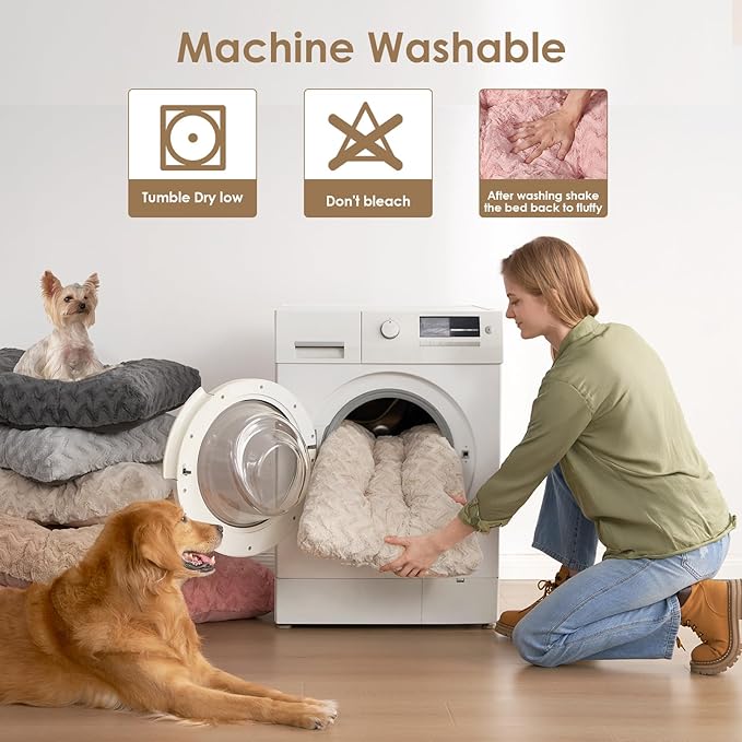EHEYCIGA Washable Large Dog Bed for Crate 35x23 Inch, Reversible Kennel Pad for Dogs Weight Up to 45 lbs, Plush and Comfy Pet Sleeping Mat, Beige