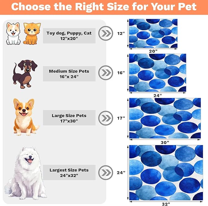 Polka Dot Dog Food Mat for Floors Absorbent Dog Bowl Mat for Food and Water Dispenser Quick Dry Cat Food Placemat Pet Supplies 16" x 24", Blue
