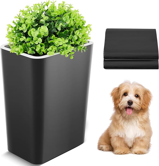 Dog Poop Trash Can Outside 3.96 Gal/15 L Plant Styled Dog Waste Trash Can with Lid 50 Pcs Plastic Waste Bags Outdoor Indoor Poop Container Slim Garbage Bin for Yard Garden Pet (Black)