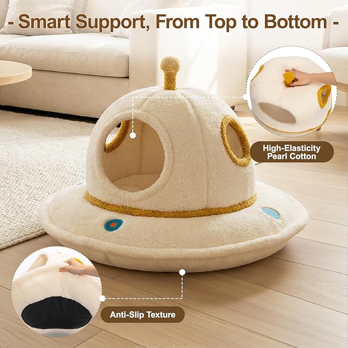 Cat Beds for Indoor Cats - 2 in 1 Cute Cat Bed Cave for Large Cats with Removable Washable Cushioned Pillow, UFO Cozy Large Cat Bed Hideaway (Up to 25 Lbs)