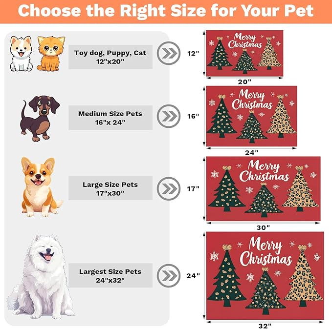 Merry Christmas Dog Food Mat for Floors Absorbent, Quick Dry Water Dispenser Mat for Food, Water, Pet Supplies 17" x 30", Xmas Tree