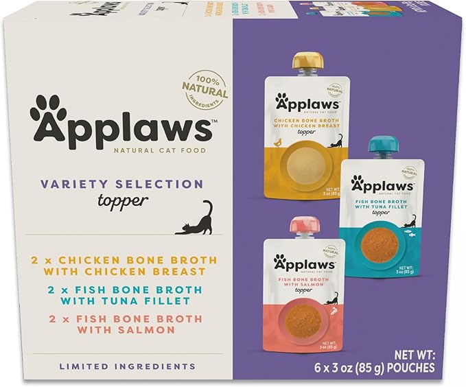 Applaws Natural Bone Broth Wet Cat Food Topper, Limited Ingredient Broth for Cats, Protein Wet Food Topper for Cats, Fish and Chicken Variety Pack(6 x 3oz Spout Pouches)