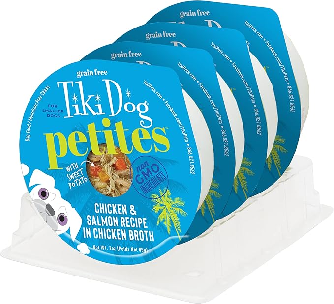 Tiki Dog Aloha Petites, Chicken & Salmon, Rich in Protein with Supplemental Hydration, for All Dog Breeds and All Life Stages, 3 oz. Cup (4 Count) (Pack of 2)