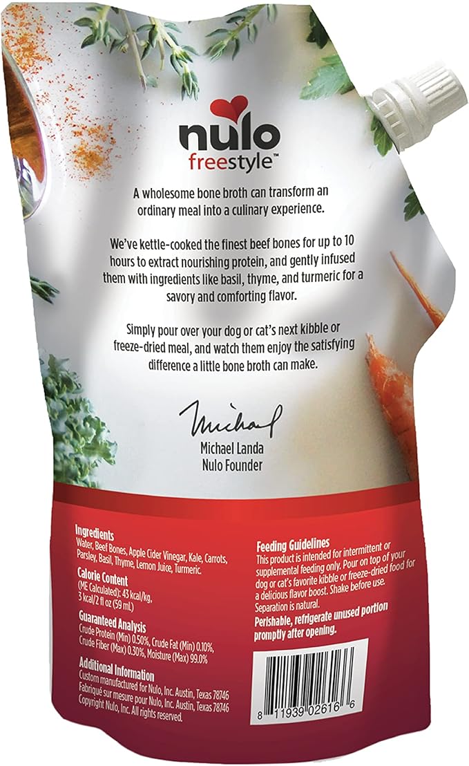 Nulo Freestyle Bone Broth, Premium Food Topper for Cats and Dogs, with Collagen and Chondroitin Sulfate to Help Boost The Quality of Your Pet’s Coat and Skin, 20 FL Oz Pouch (Pack of 2)
