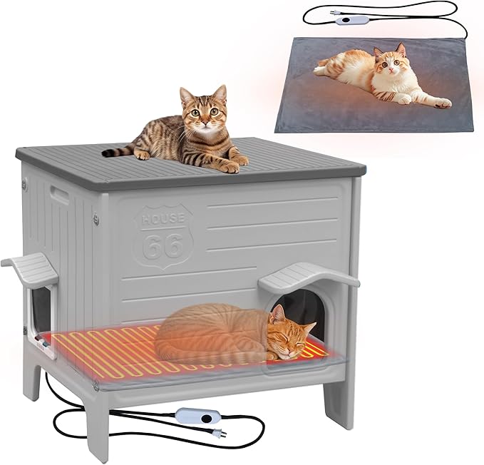 Rockever Heated Cat House for Outside in Winter, 100% Waterproof & Insulated Heated Cat House for Outdoor Cats with Heating Pad, Elevated Outdoor Cat House Safe Escape Door(L,Grey&Heating Pad)