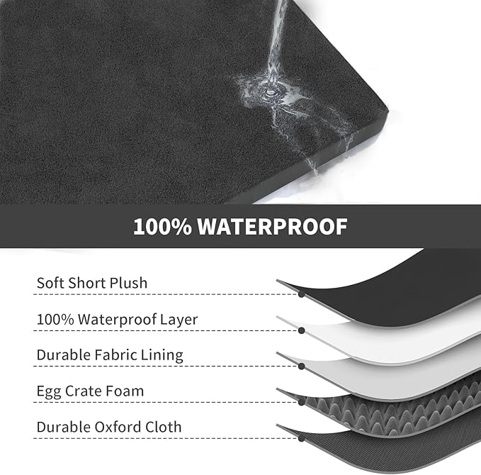 Comfort Dog Bed for Small Dogs & Cats, Waterproof Dog Crate Mat Orthopedic Egg Crate Foam with Washable Removable Cover, Black
