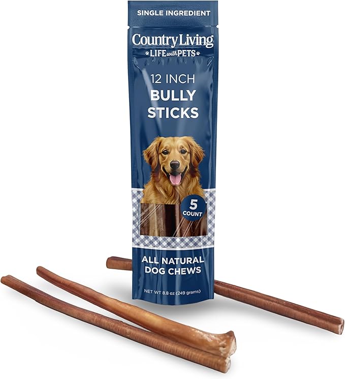 Country Living 12” Bully Sticks for Dogs – Standard – 5 Count Bag – All-Natural, Single- Ingredient, Long-Lasting Dog Chews