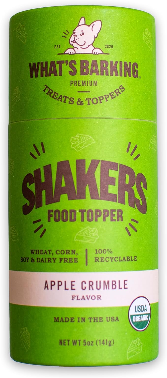 What's Barking Shakers Meal Toppers, Dog Treat Crumbles for Food Topping, Pet Essentials, Shake & Pour Topper for Kibble or Wet Food, Made in USA, Shaker Tube, Apple Crumble Flavor, 5 oz