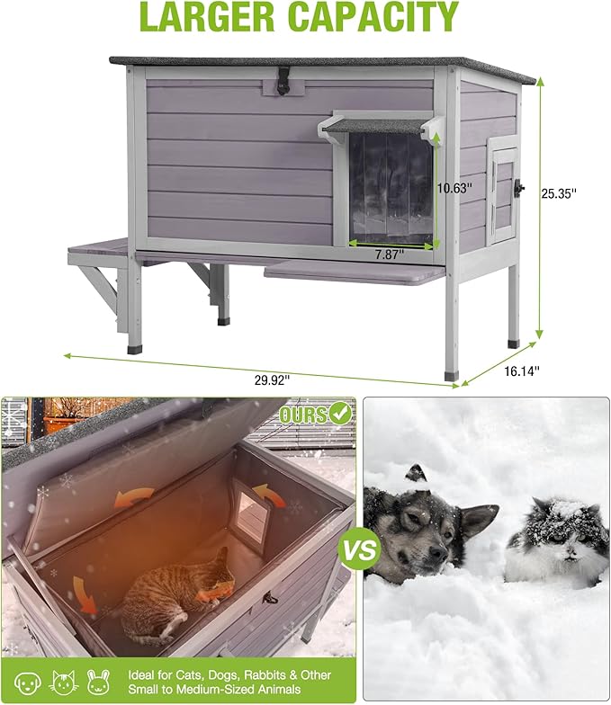 GUTINNEEN Heated Cat House for Outside, Outdoor Cat House Insulated with Bite-Resistant Wires, Detachable Lining, Expandable Feral Cat Shelter with Weatherproof Roof