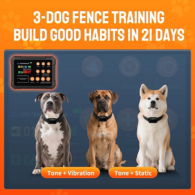 Wireless Dog Fence System for 3 Dogs Radar Electric Fence,10–120ft Range, IPX7 Waterproof Dog Training Collar,Sound, Vibration & Static Modes – Stable Signal. Indoor/Outdoor Use - 2collars