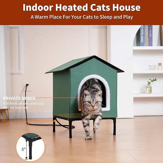 Heated Cat House for Indoor/Outdoor Use, Elevated/Insulated Feral Cat House, Heated Cat Bed with Pets Heating Pad, Warm House for Outside Stray Cats (Green,Medium)
