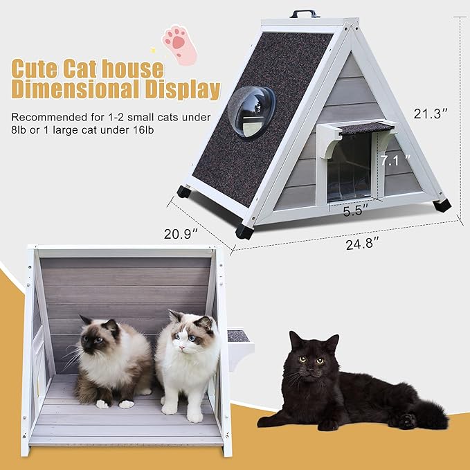 Deblue Weatherproof Cat House for Feral Cats, Outdoor Cat House for Small Cats, Unique Wooden Cat Shelter with Escape Door, Clear Window Fits for Small Pets - Grey