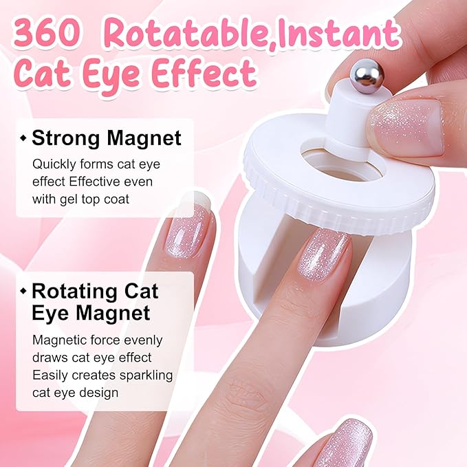 Rotating Cat Eye Magnet for Nails, 360° Rotating Cat Eye Magnet for Nails with Uniform Magnetic Force & Excellent Light Absorption, Beginner Friendly Nail Tool for DIY Glossy Cat Eye Effect (White)
