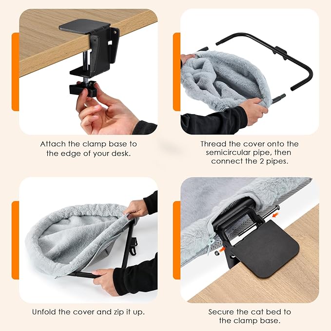 Cat Desk Bed with 2 Nests, One-Click Folding & Hanging Desk Cat Bed Attachment with Washable Winter & Summer Dual Nests, Cat Hammock Supports Large Cats up to 33lbs, Light Grey