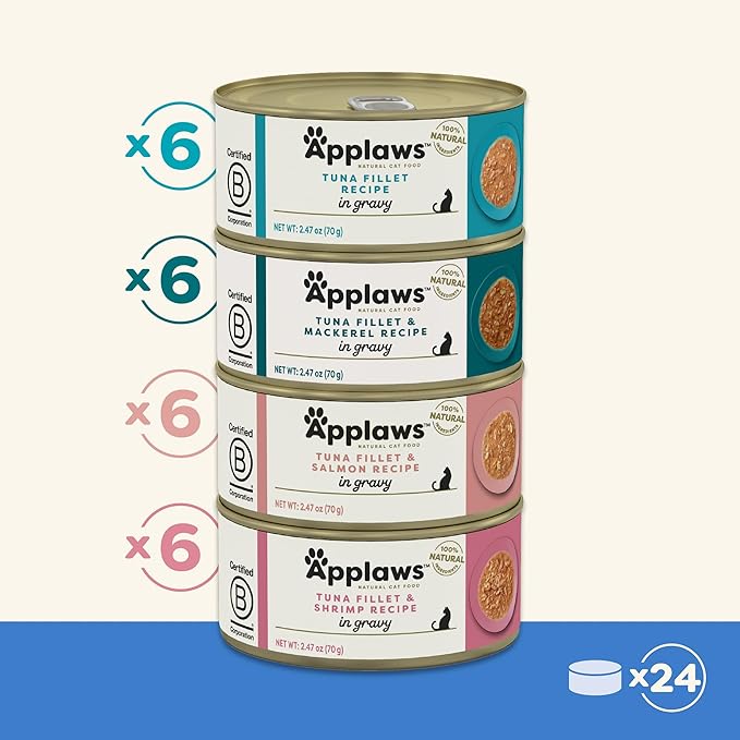 Applaws Natural Wet Cat Food in Gravy, Limited and Natural Ingredients, High Protein with No Artificial Additives, Fish Selection in Gravy (24 x 2.47oz Cans)