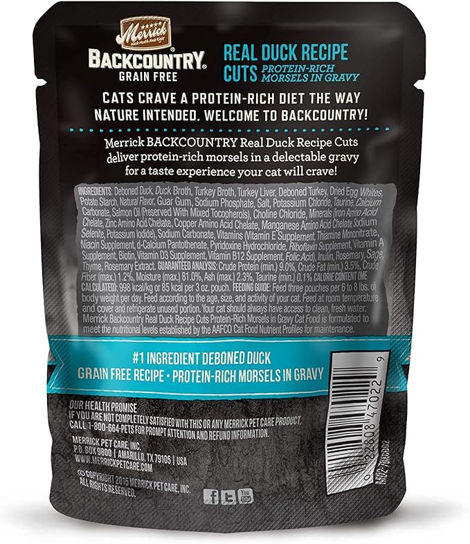 Merrick Backcountry Grain Free, Real Meat, Wet Cat Food, Real Duck Recipe Cuts, Protein Rich Morsels in Gravy, Adult Cats, 3 Ounce Each Packet (Pack of 6)