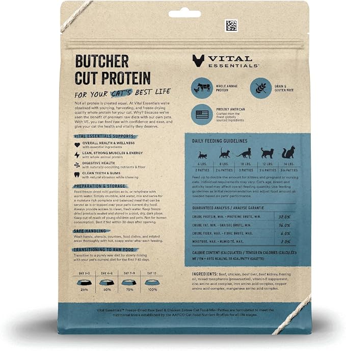 Vital Essentials Freeze Dried Cat Food, Raw Beef & Chicken Mini Patties | Complete Meal or Topper | Easy to Portion and Rehydrate | High Protein, Grain Free Dry Cat Food | 15 oz Bag