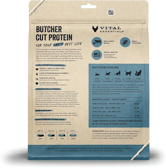 Vital Essentials Freeze Dried Cat Food, Raw Beef & Chicken Mini Patties | Complete Meal or Topper | Easy to Portion and Rehydrate | High Protein, Grain Free Dry Cat Food | 15 oz Bag