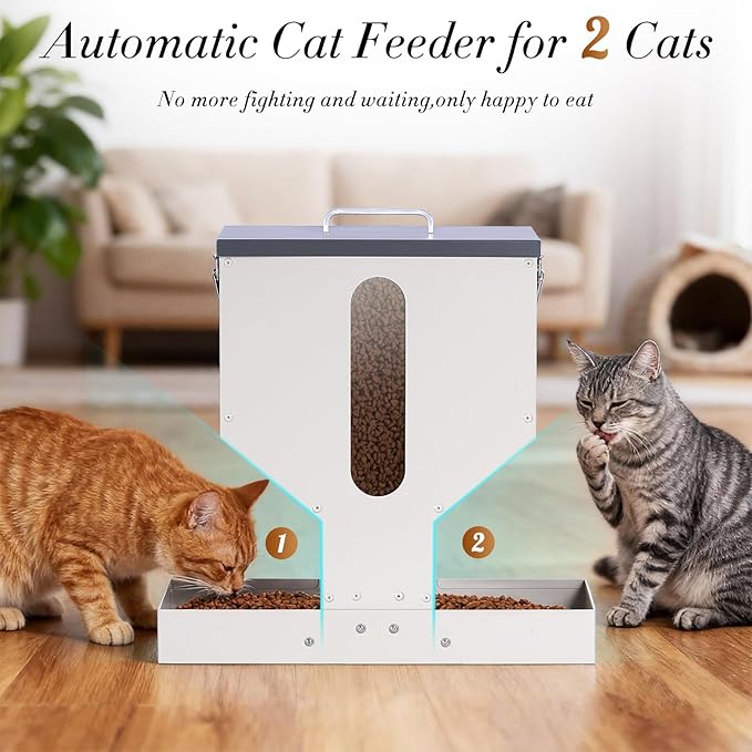 Automatic Cat Feeder 2 Cats Gravity Dual Cat Feeder Auto Dry Food Dispenser with Strong Anti-Jam Galvanized Steel Pet Food Station Indoor & Outdoor