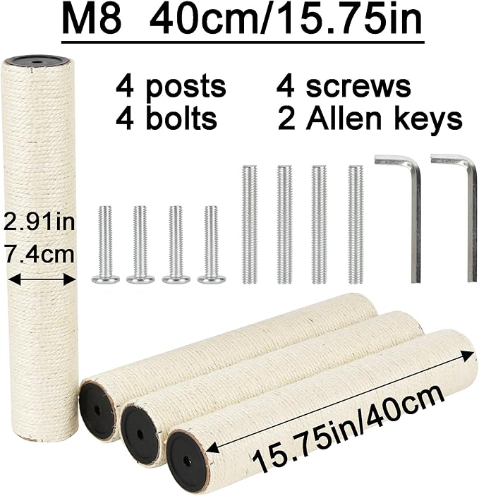 4 PCS 7.4cm 2.91in Diameter Cat Scratching Post Replacement Sisal Pole (40cm/15.75in, M8)