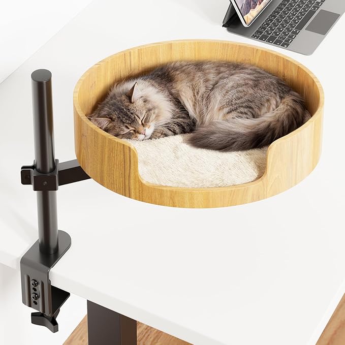 Cat Desk Bed – Cat Bed for Indoor Cats with Adjustable Height&360° Rotation, Elevated Desk Cats Beds for Table, Desktop Cat's Hammock for Small Space, Wooden Cat's Bed Desktop Kitten