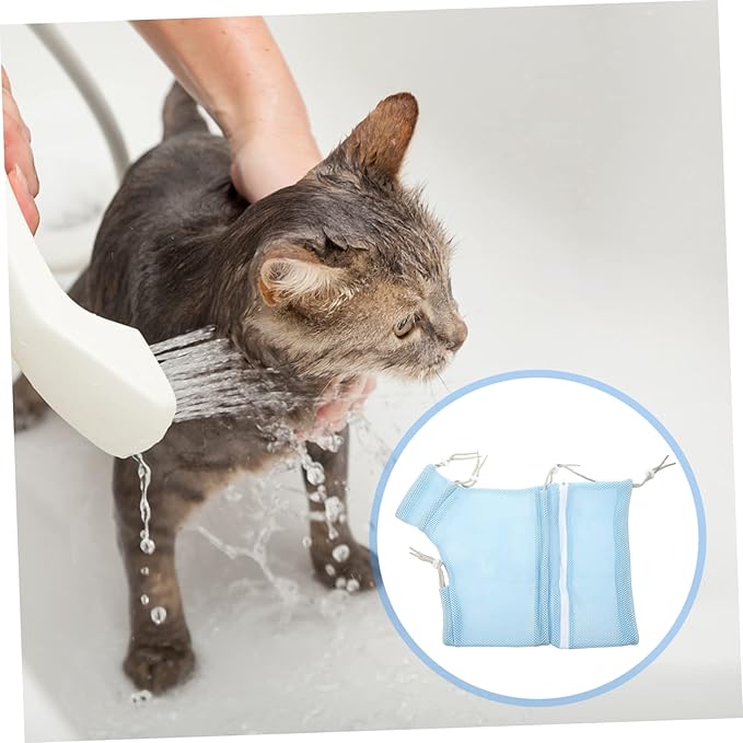 Happyyami Breathable Cat Bathing Bag Adjustable Mesh Grooming Bag for Nail Trimming Safe and Durable Shower Netting for Kittens and Pets Blue