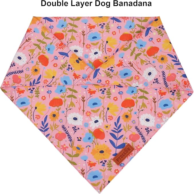 PTDECOR Spring Floral Dog Bandana, Pink Flower Pet Scarf, Premium Durable Fabric, Adjustable Cute Flower Bandanas for Small Dogs Pets (Small)