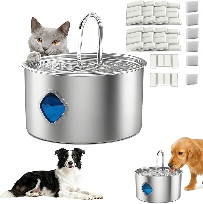 Vetiflow - Vetiflow Dog Water Bowl 3.2L, Stainless Steel Water Bowl with Continuous Flow & 4-Stage Filtration, Quiet Pump, Easy-Clean Design, Fresh Drinking Fountain for Dogs Cats (+12 Filters)