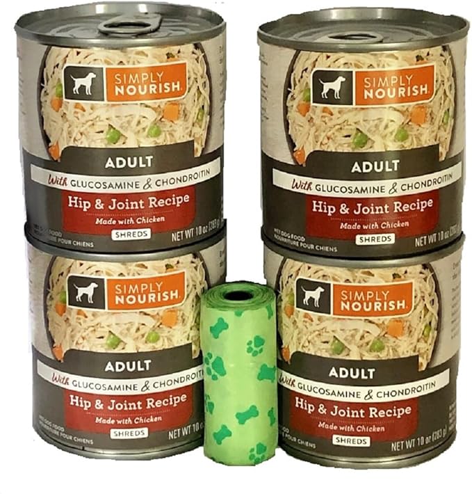 SIMPLY NOURISH Adult Hip & Joint Recipe Shreds Made with Chicken. with Glucosamine & Chondroitin Comes in 4-10 OZ Cans/Plus Dog Waste Bag.