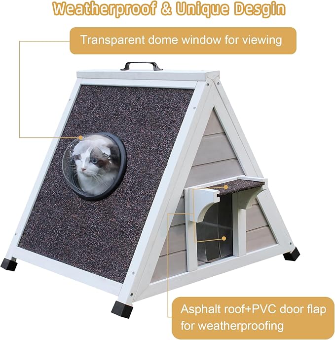 Deblue Weatherproof Cat House for Feral Cats, Outdoor Cat House for Small Cats, Unique Wooden Cat Shelter with Escape Door, Clear Window Fits for Small Pets - Grey