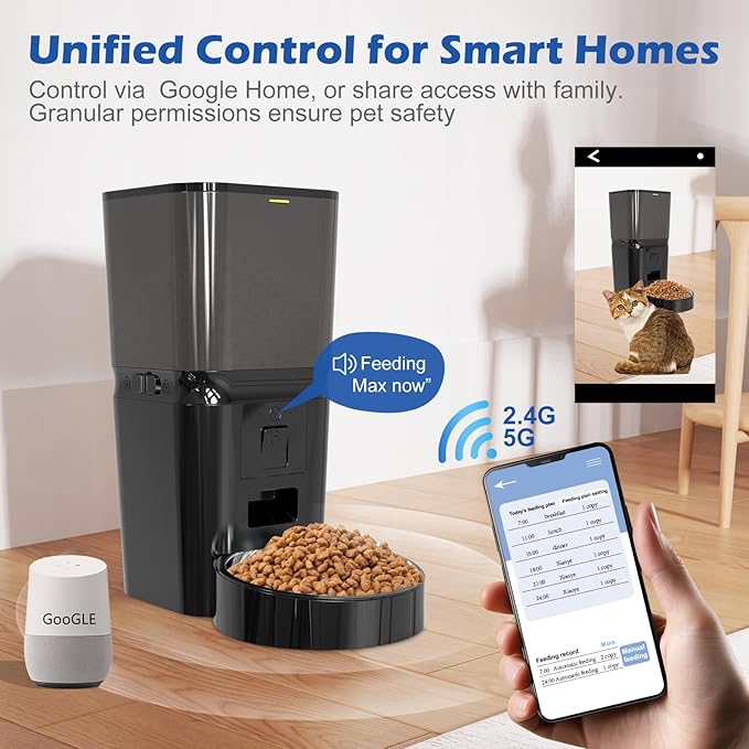 Automatic Cat & Dog Feeder with Camera, 6L Smart WiFi Pet Food Dispenser for Small Pets - Timed Feeding App, Battery Backup, Voice Recorder, Night Vision & Portion Control