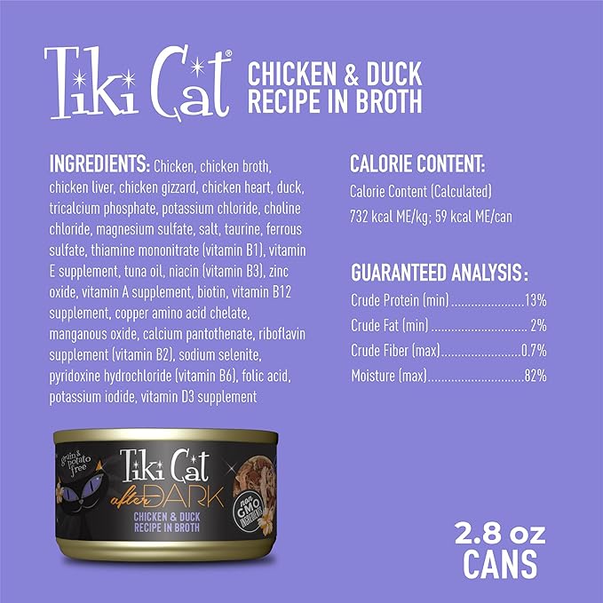 Tiki Cat After Dark, Chicken & Duck, High-Protein and 100% Non-GMO Ingredients, Wet Cat Food for Adult Cats, 2.8 oz. Can (12 Count)
