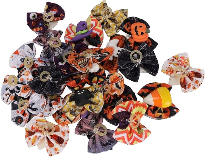 Dog Halloween Stylish Handcrafted Grooming Bows 24Pcs for Pet Cats Dogs, Polyester Material Halloween Patterns Cat Dog Hair Bows for Party Supplies