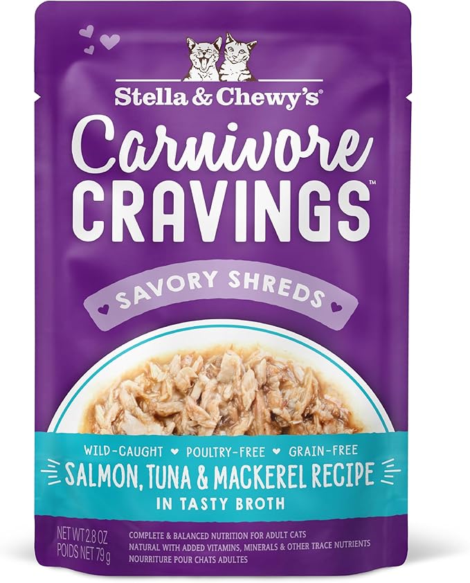Stella & Chewy's Carnivore Cravings Wet Cat Food - Premium Pouches - Grain Free, High Protein Salmon, Tuna & Mackerel - Perfect for Picky Eaters - Complete Meal or Topper (2.8 oz, 12 Pack)