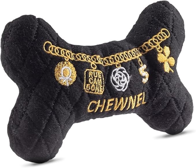 Dog Diggin Designs Chewnel “LBD” Plush Dog Toy Bone | Luxury-Inspired Parody Designer Bone with Squeaker, Soft Plush Chew & Play Dog Toy – Prêt-à-Porter Play