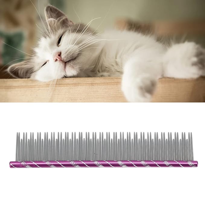 Pet Hair Removal Comb with Stainless Steel Teeth, Durable Cat Grooming Tool, 6.3 Inch Comfortable Non Slip Handle - Reusable Design, Open Knot Comb for Long and Short Haired Cats (Purple)