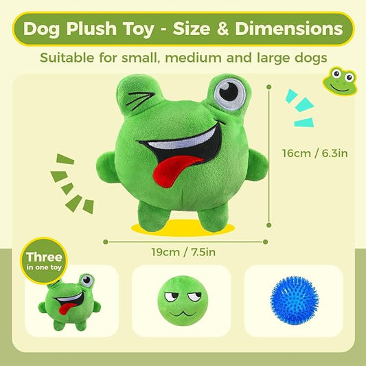 3-in-1 Squeaky Dog Toys for Aggressive Chewers, No Stuffing Frog Ball Interactive Dog Chew Toys with Crinkle Paper & Tearable Plush Puppy Teething Toy for Small, Medium & Large Dogs