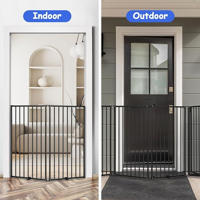 6 Panels Metal Freestanding Dog Gates with Door,120''W Detachable Foldable Dog Fence Indoor Outdoor Puppy Gate, 32''H Free Standing Tall Pet Gate for Doorways,House,Stairs,Porch,Deck,Yard