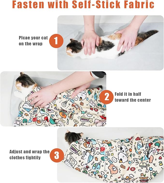27.6‘’ Cat Grooming Wrap, Self-Adhesive Cat Wrap for Cutting Nails, Calming Cat Burrito Wrap Cat Swaddle Wrap Anti-Scratch Anti-Escape Cat Restraint for Nail Clipping, Medicine, Teeth Brushing