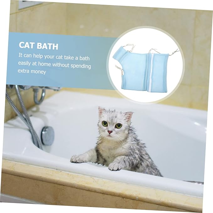 Happyyami Breathable Cat Bathing Bag Adjustable Mesh Grooming Bag for Nail Trimming Safe and Durable Shower Netting for Kittens and Pets Blue