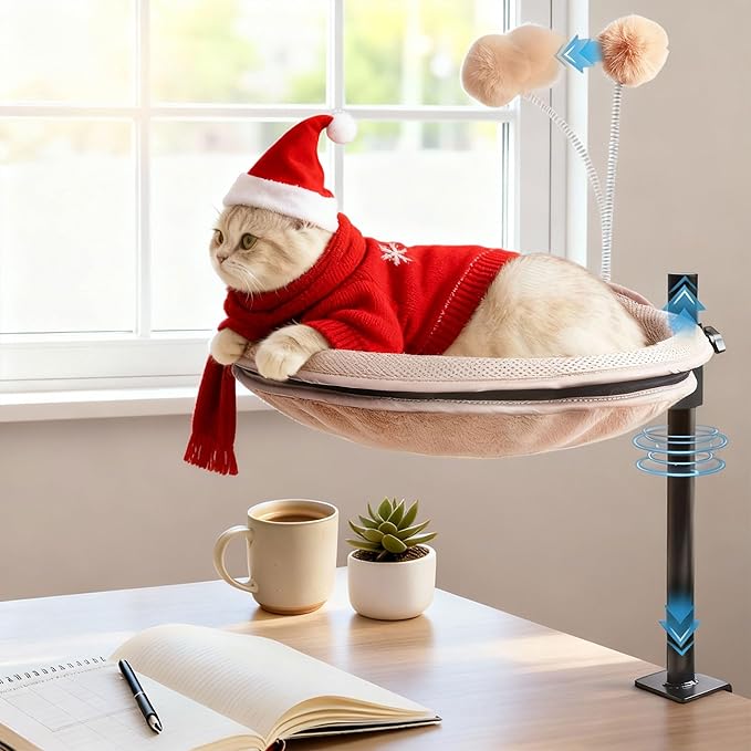Cat Desk Bed Rotating & Adjustable– 360° Swivel Cat Hammock with Removable Washable Cover, Sturdy Desktop Perch Holds Up to 60lbs, Perfect for Indoor Cats(Khaki)