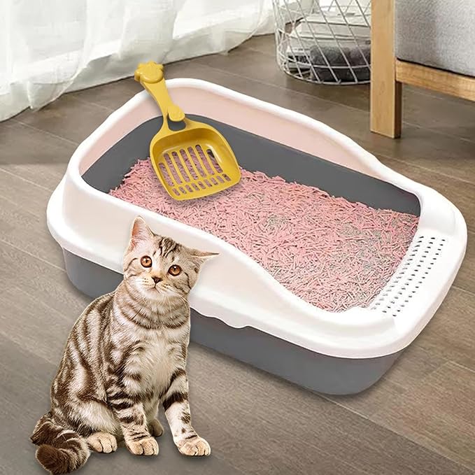 Open Top Cat Litter Box Potty Toilet Easy to Clean Splashproof Pet Litter Tray Pan with Scooper for Rabbit Indoor Cats Bunny- Gray M 31x21x16cm