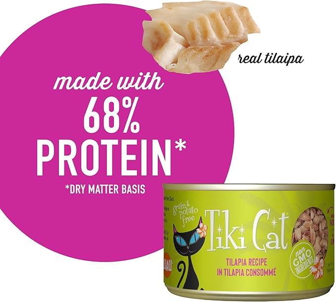 Tiki Cat Luau Shredded Meat, Tilapia Recipe in Tilapia Consumme, Grain-Free Balanced Nutrition Wet Canned Cat Food, For All Life Stages, 6 oz. Can (8 Count)