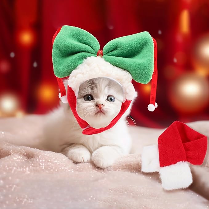 Dog Christmas Hat Scarf Set, Cotton Pet Head Cover with Thermal Warmth, 2pcs Holiday Headdress Supplies for Puppies and Small Dogs