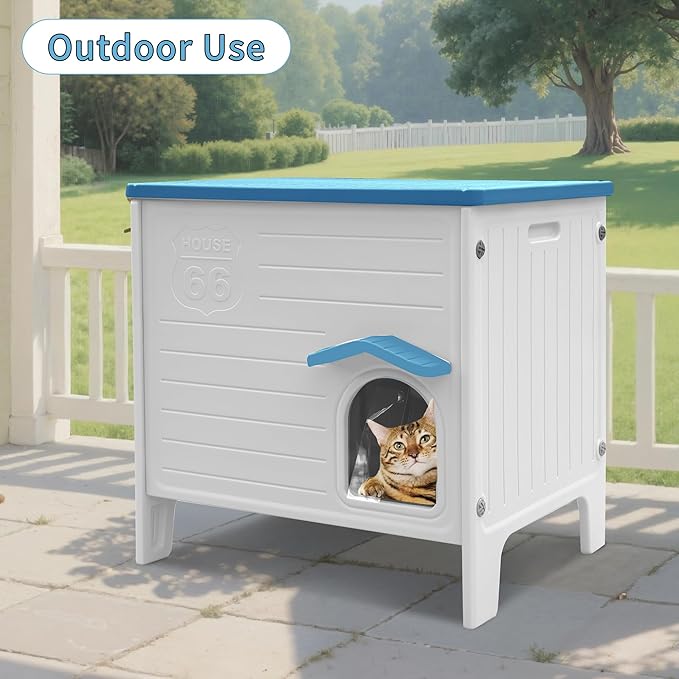 Rockever Insulated Outdoor Cat House, Waterproof Cat House for Outdoor Cats with Escape Door, Plastic Feral Cat House Outdoor Indoor, Spacious and Clean Easily (Blue,L)