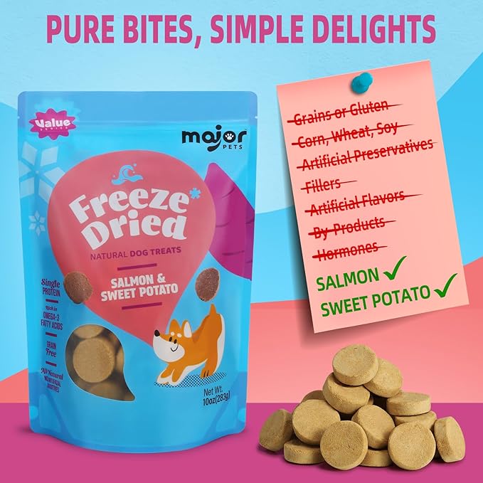 MAJOR PETS Freeze Dried Dog Treats, Wild-Caught Salmon & Sweet Potato, Omega 3 for Skin & Coat Support, Limited Ingredient High Protein Grain Free Training Reward & Meal Topper, Made in The USA, 5oz