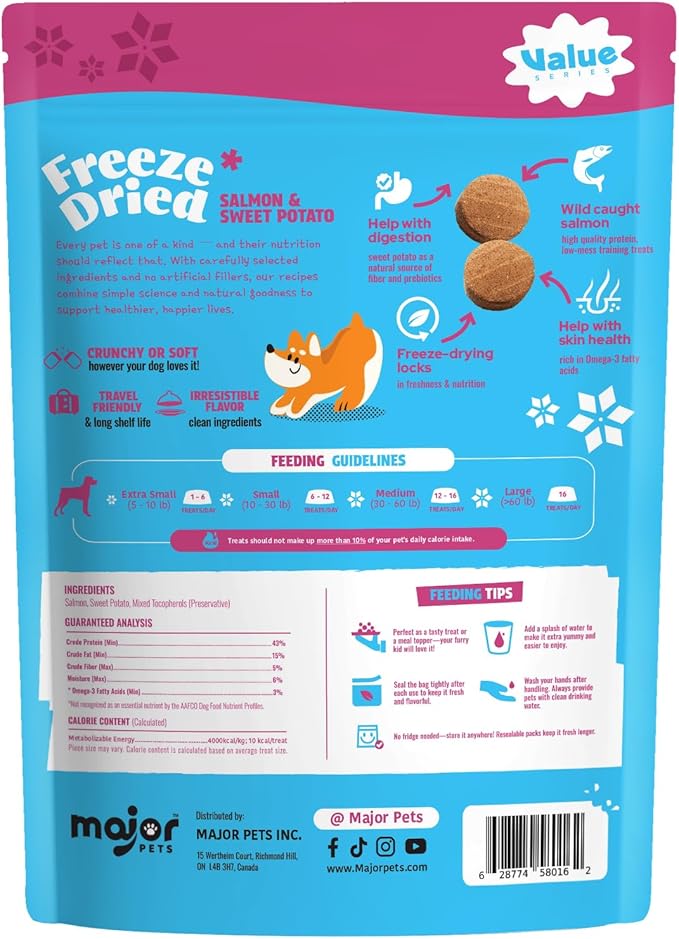 MAJOR PETS Freeze Dried Dog Treats, Wild-Caught Salmon & Sweet Potato, Omega 3 for Skin & Coat Support, Limited Ingredient High Protein Grain Free Training Reward & Meal Topper, Made in The USA, 5oz