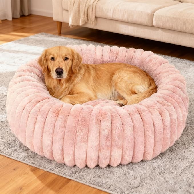 Washable Extra Large Dog Bed,Calming Anti Anxiety Round Donut Dog Bed,Fluffy Puppy Beds for Small Dogs,Cute Kitten Cat Beds for Indoor Cats,Anti-Slip Comfort Pet Beds for Extra Large Size(Pink,XXL)